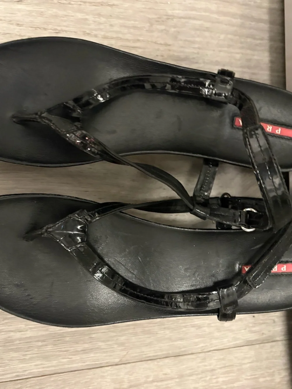 Prada Black Patent Leather Wedge Sandals – Never Worn Size 11.5
